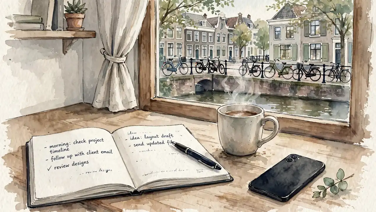 Notitieboek op een bureau met een kop koffie en telefoon
