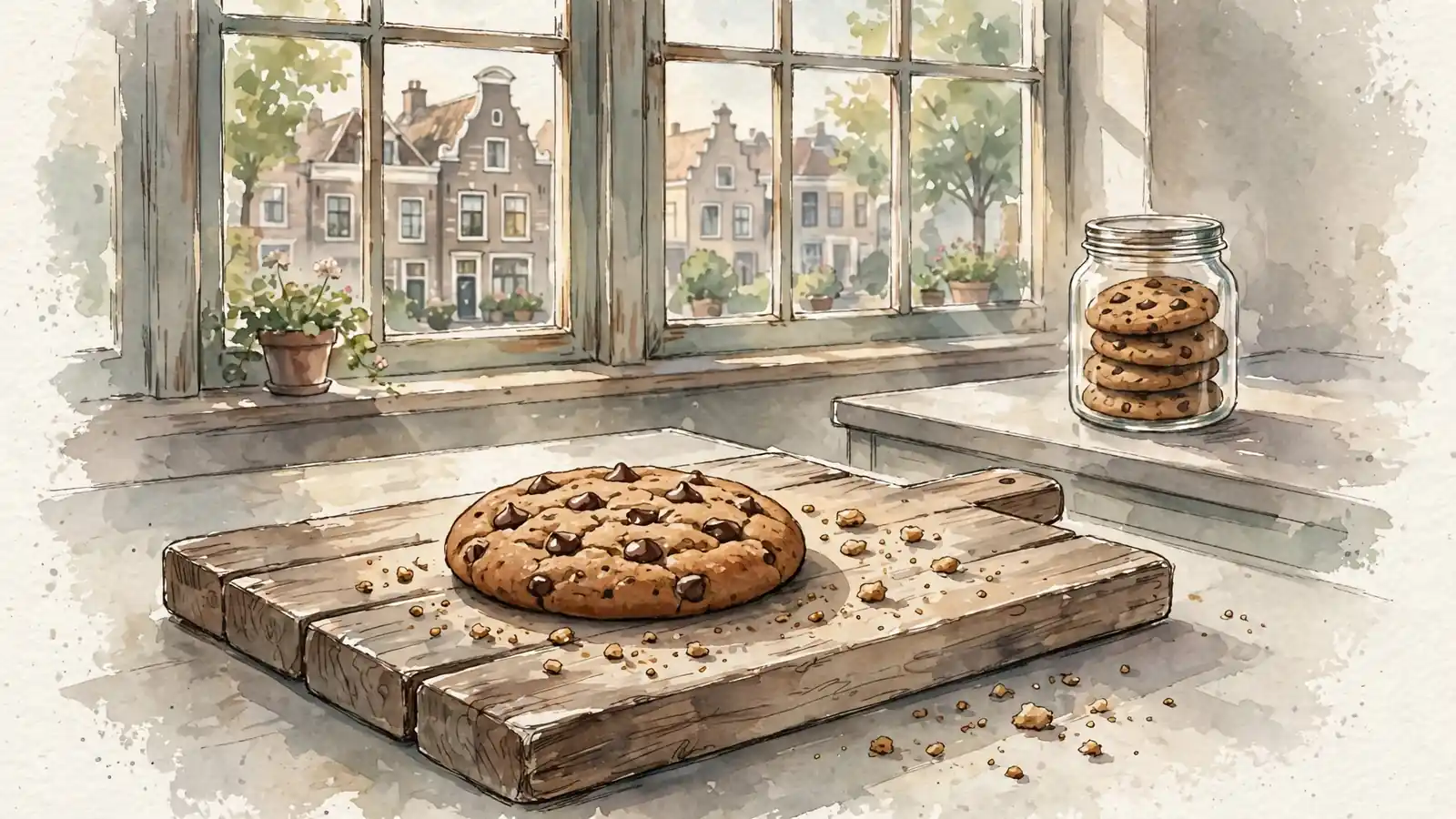 Versgebakken chocoladekoekje op een houten plank in een zonnige keuken.
