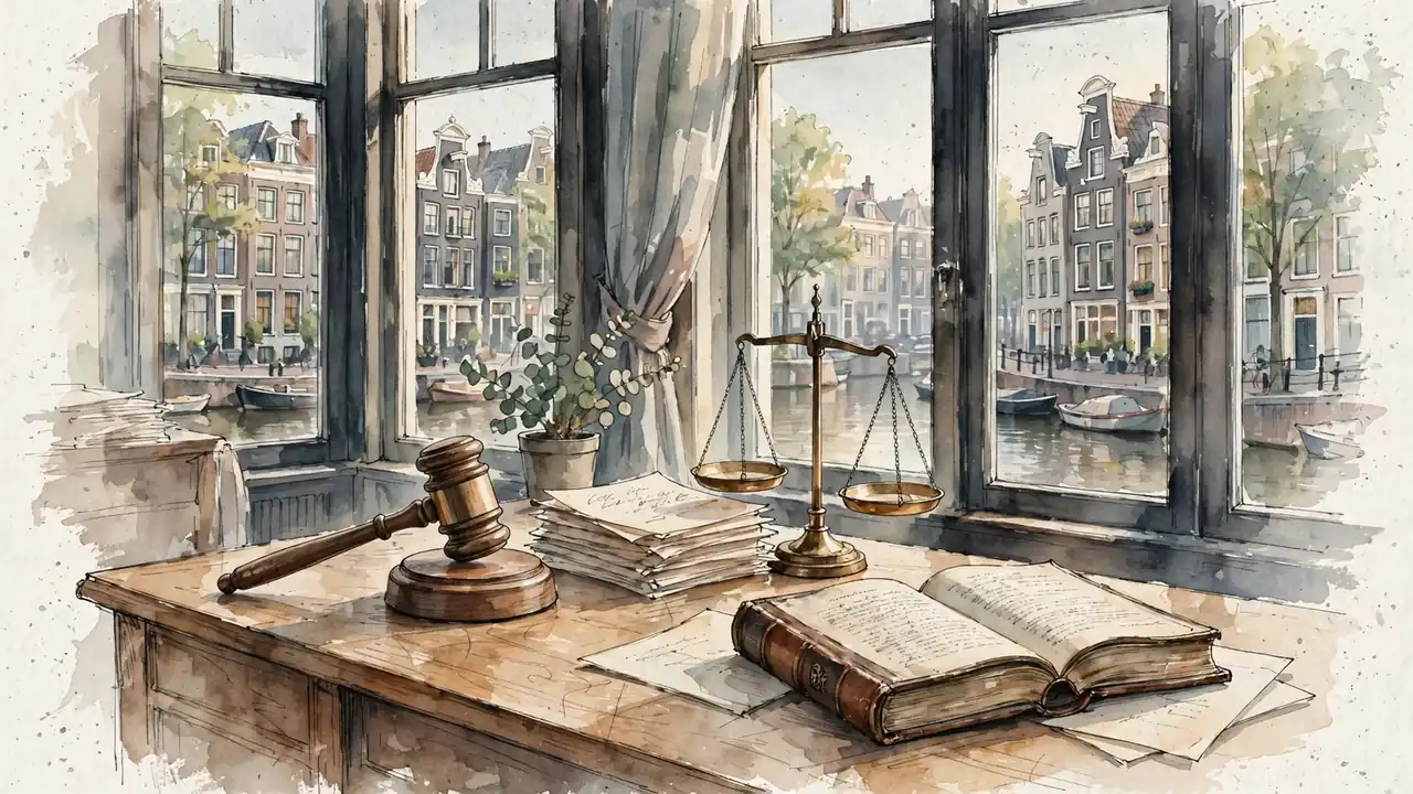 Rechterhamer, weegschaal en documenten op een houten bureau in een kantoor
