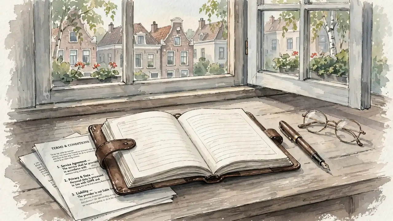 Notitieboek met pen en leesbril op een houten bureau bij daglicht