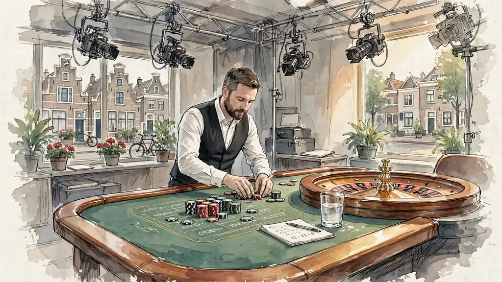 Croupier legt fiches klaar bij een roulettetafel in een studio