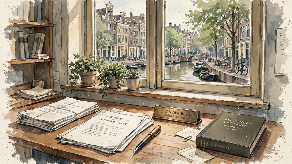 Een bureau met juridische documenten en een pen in een kantoor met uitzicht op een Amsterdamse gracht.