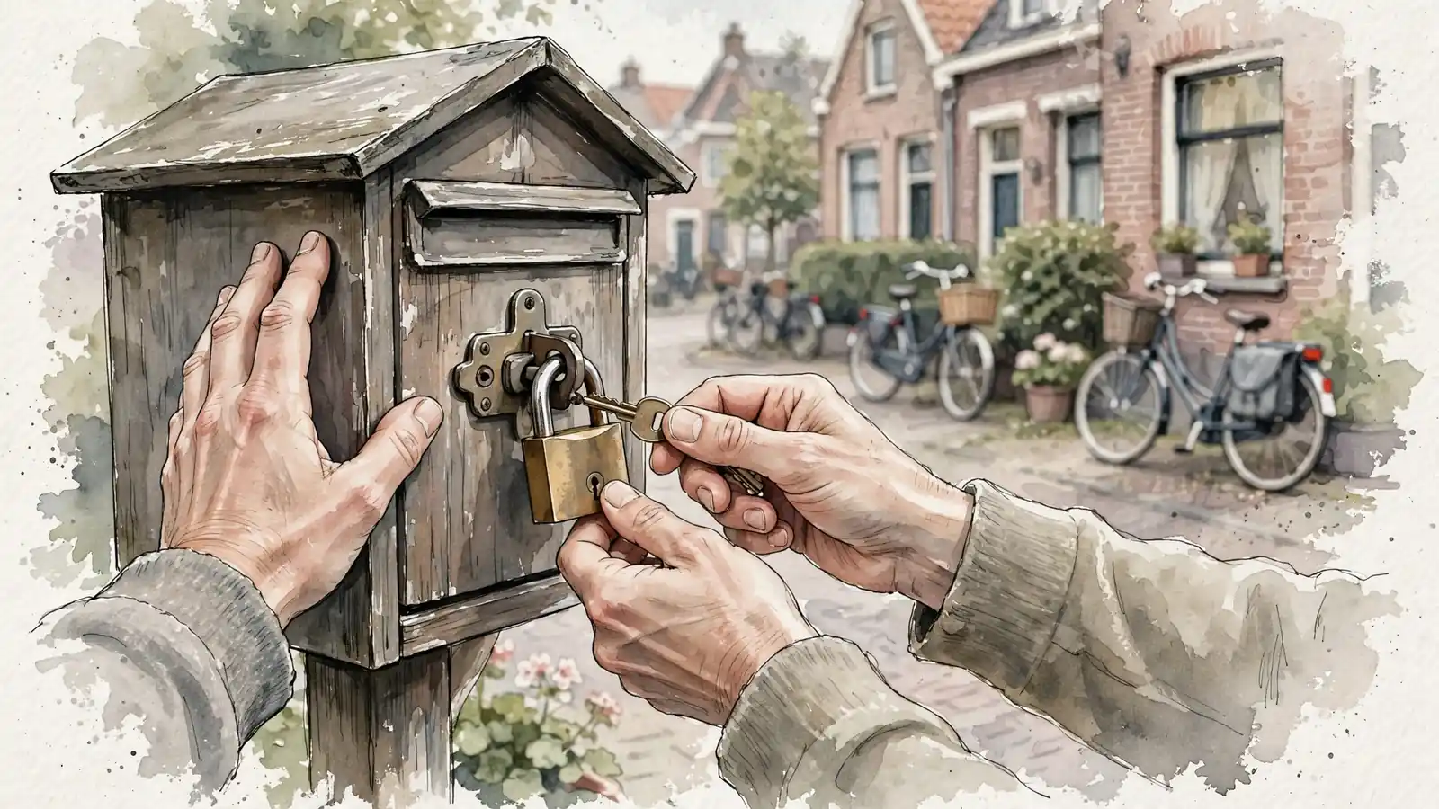 Handen die een hangslot sluiten op een brievenbus in een Nederlandse straat