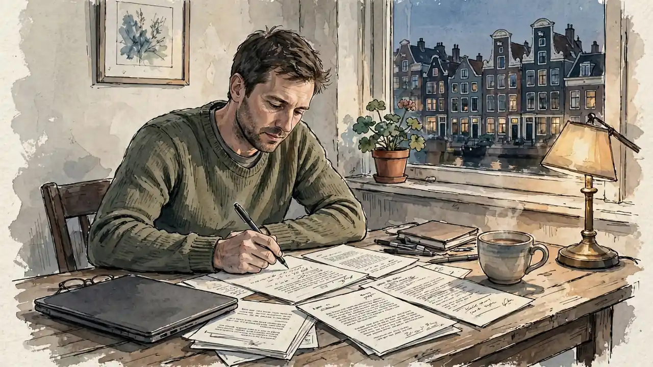 Man aan tafel met aantekeningen in een Nederlands huis