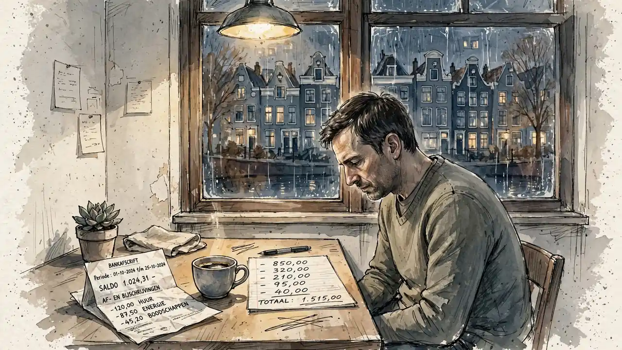 Man alleen aan keukentafel, starend naar een lijst met cijfers bij gedimd licht
